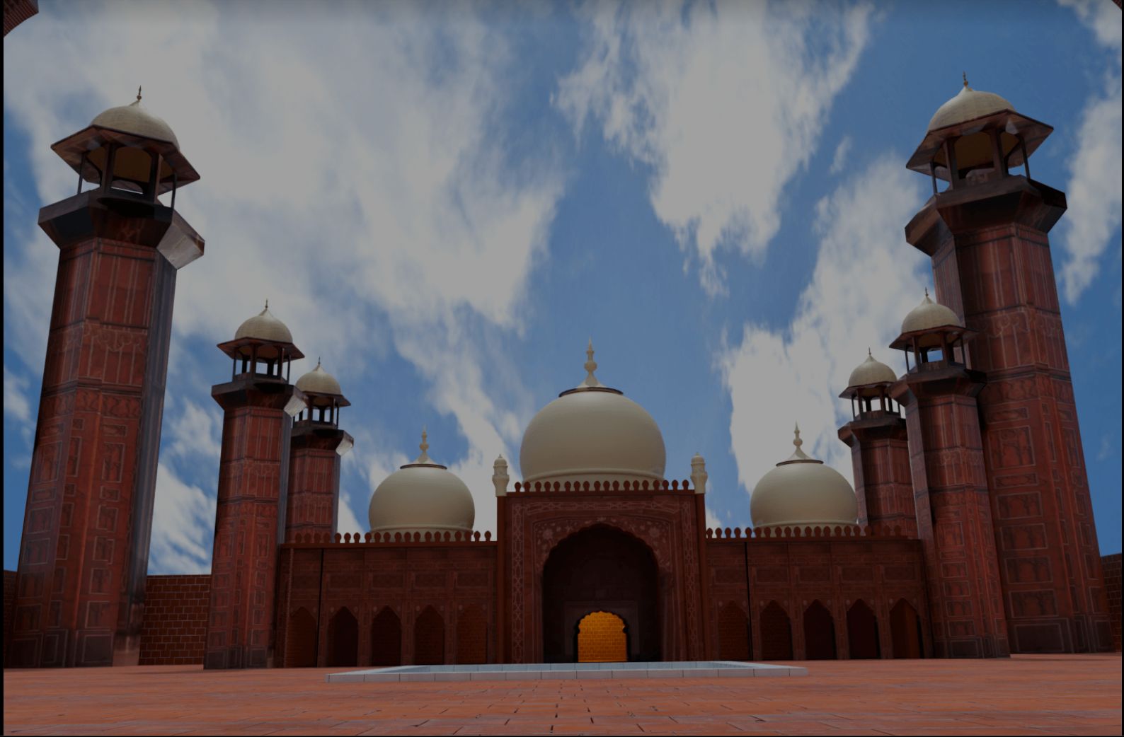 3D render of a red brick mosque courtyard under a cloudy sky