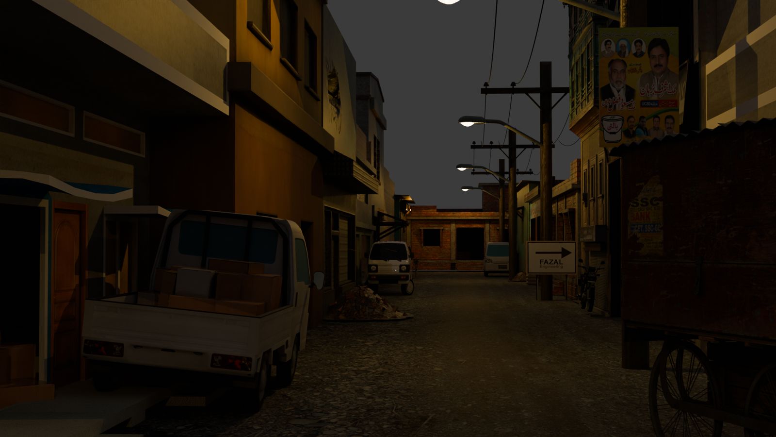 3D render of a dark Lahore street at night with a pickup truck and street lamps